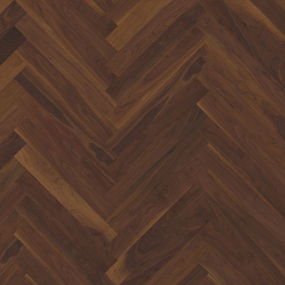 The Walnut Herringbone Engineered Flooring - 15mm features easy installation, V Groove Bevel, suitable for underfloor heating and eco-friendly real wood
