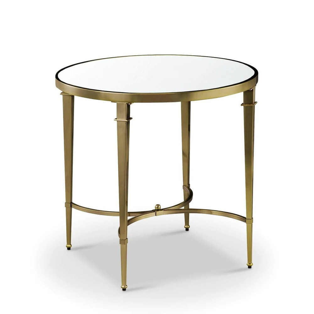 The Waverly Side Table Mirrored features an antique brass finish and a round bevelled mirror table top