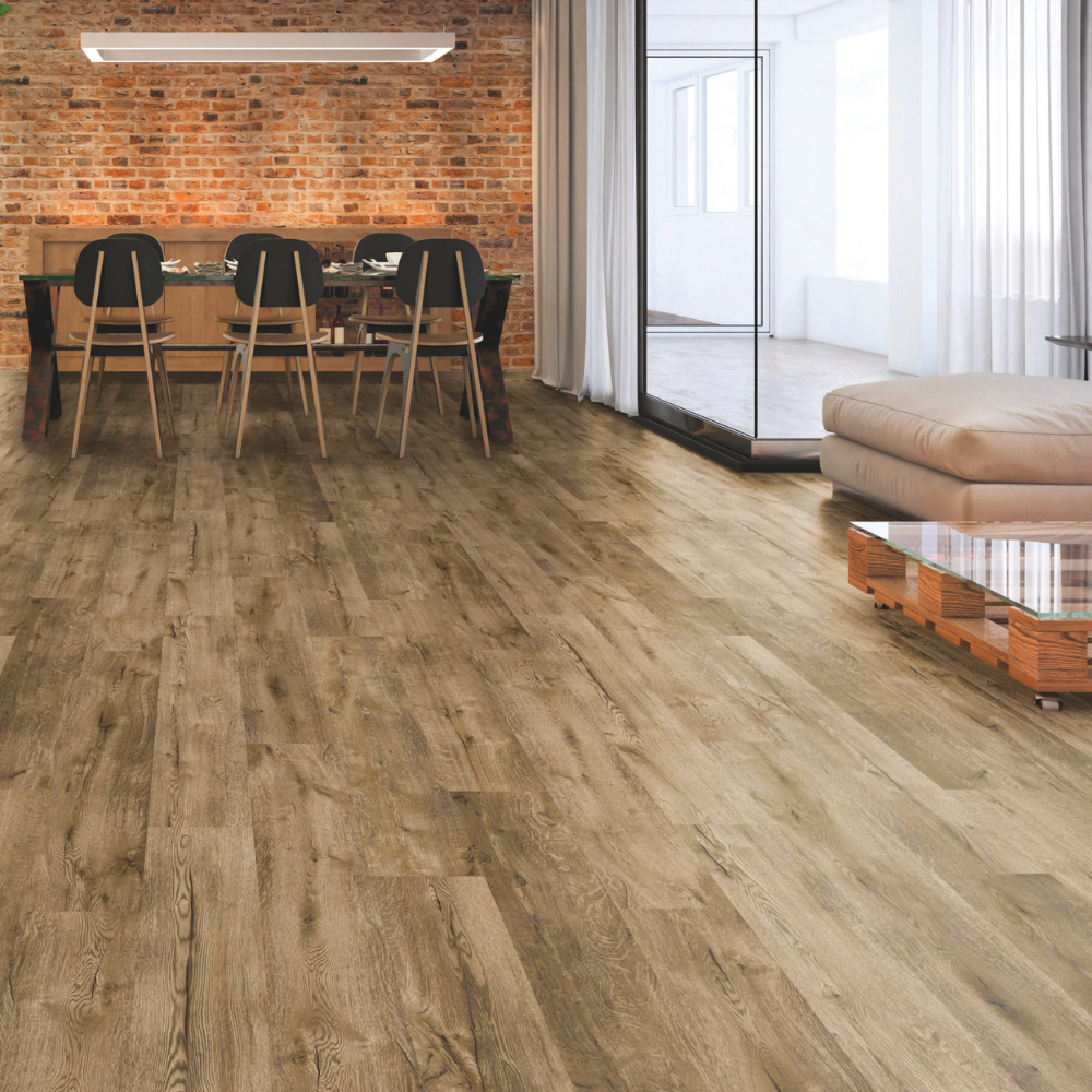 The Westside Oak Laminate Flooring - 12mm features rustic brown tones, AC4 durability, V Groove Bevel, water protection and easy click installation