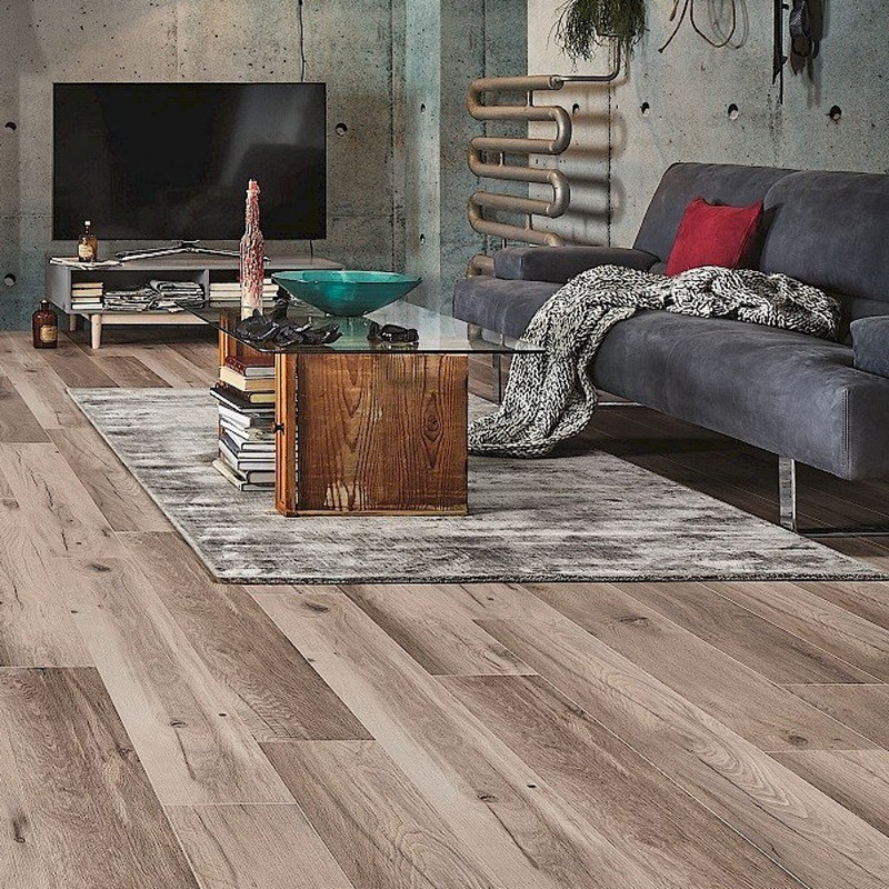 The Wilderness Oak Long & Wide Laminate Flooring - 12mm features Long planks, AC5 rated, scratch-resistant with V-groove bevels.