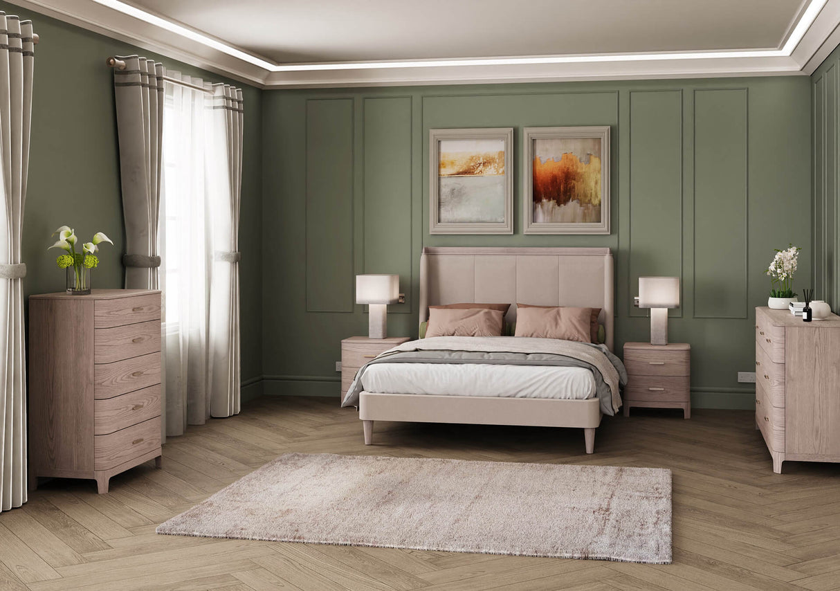 The Zahra Bed 6ft in Parisian Cream features wood grain ash veneer, making it the epitome of style and elegance, adding a touch of class to any bedroom.