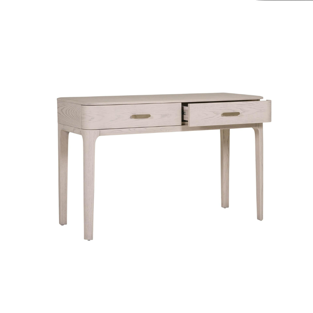 The Zahra Dressing Table with 2 Drawers in Parisian Cream features a refined oak finish and is perfect for storing essentials.