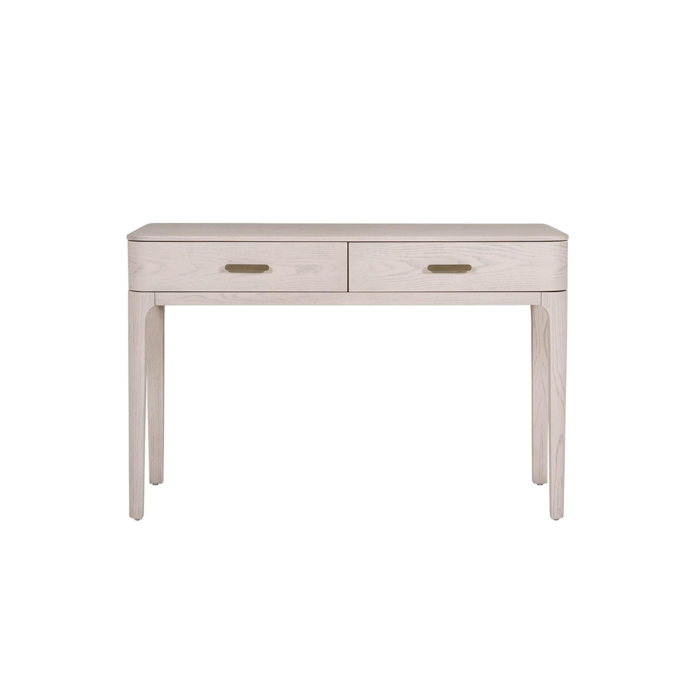 The Zahra Dressing Table with 2 Drawers in Parisian Cream features a refined oak finish and is perfect for storing essentials.