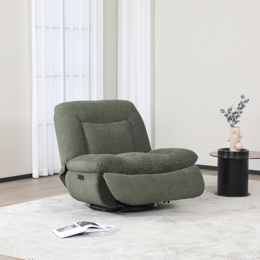 The Ebba Recliner Chair in Green is upholstered in a flat bouclé fabric, swivel function and electric recline for adjusting.