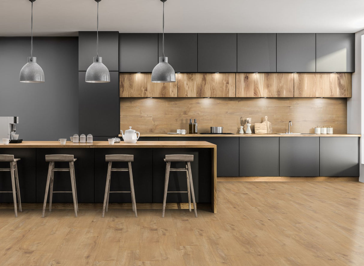 The Sherwood Oak Laminate Flooring - 12mm features wood-like look, antibacterial, AC4 wear rating, underfloor heating compatible, 20-year guarantee, easy Click2go installation.