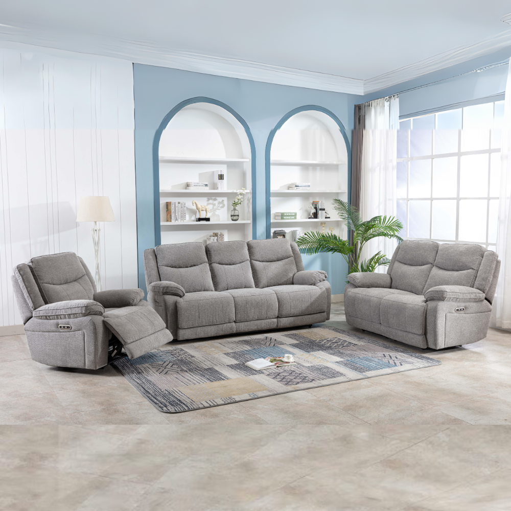 The Light Grey Hayden Electric Recliner Sofa features USB connections, wireless charging and a smooth electronic recline in a variety of seating options.