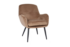 The Cassie Accent Armchair features luxurious velvet in vibrant camel, with a detachable cushion for easy maintenance