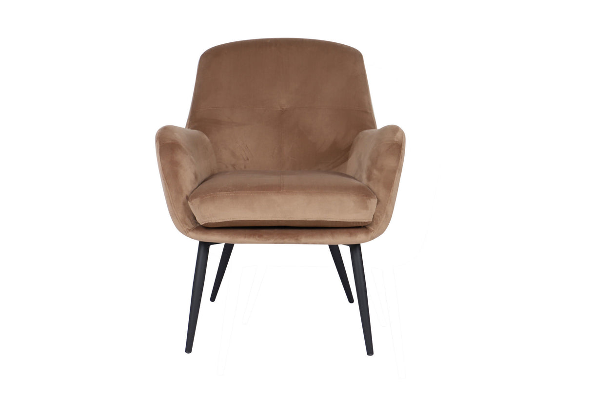 The Cassie Accent Armchair features luxurious velvet in vibrant camel, with a detachable cushion for easy maintenance