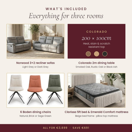 What's included in the House Package: Norwood 3+2 recliner sofas, Colorado 2m dining table, 6 Boden dining chairs, Clarissa 5ft bed and Emerald Comfort mattress