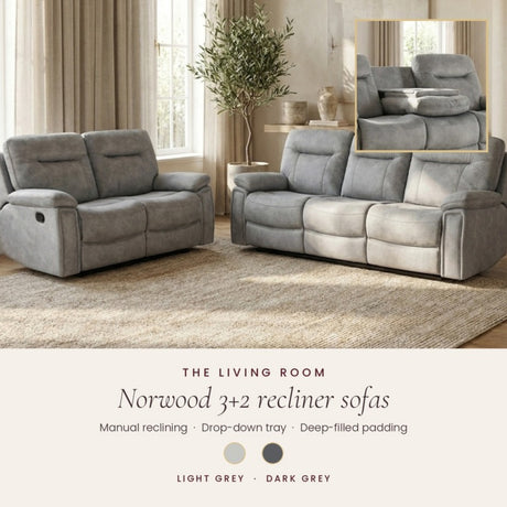 Norwood 3+2 manual recliner sofas with drop-down tray, available in light grey or dark grey
