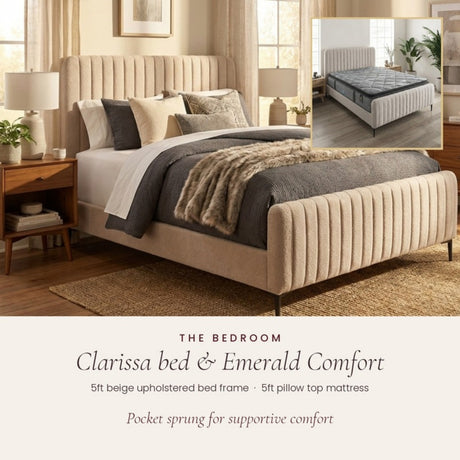 Clarissa 5ft beige upholstered bed with Emerald Comfort 5ft pocket sprung pillow top mattress