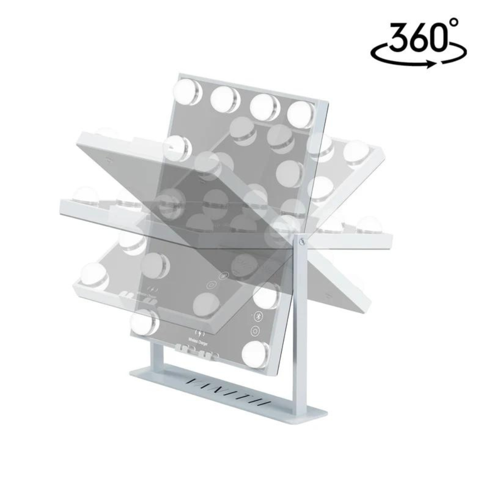 The 12 Bulbs Hollywood Mirror Bluetooth speaker - wireless charging, 3-colour dimmable lights and smart touch control