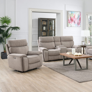The Sheldon Electric Recliner Sofa in Beige has electric reclining, drop-down console with storage and built-in wireless charging.