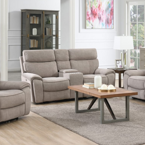 The Sheldon Electric Recliner Sofa in Beige has electric reclining, drop-down console with storage and built-in wireless charging.