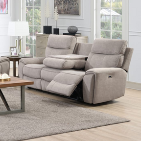The Sheldon Electric Recliner Sofa in Beige has electric reclining, drop-down console with storage and built-in wireless charging.