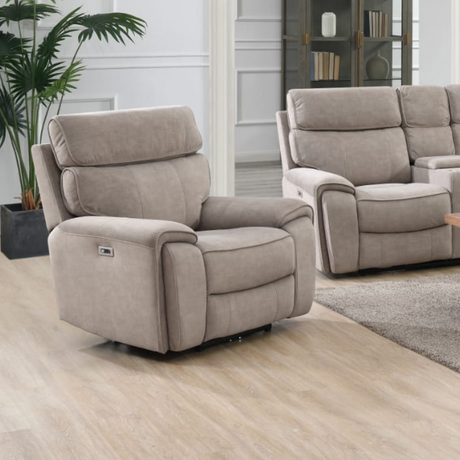 The Sheldon Electric Recliner Sofa in Beige has electric reclining, drop-down console with storage and built-in wireless charging.