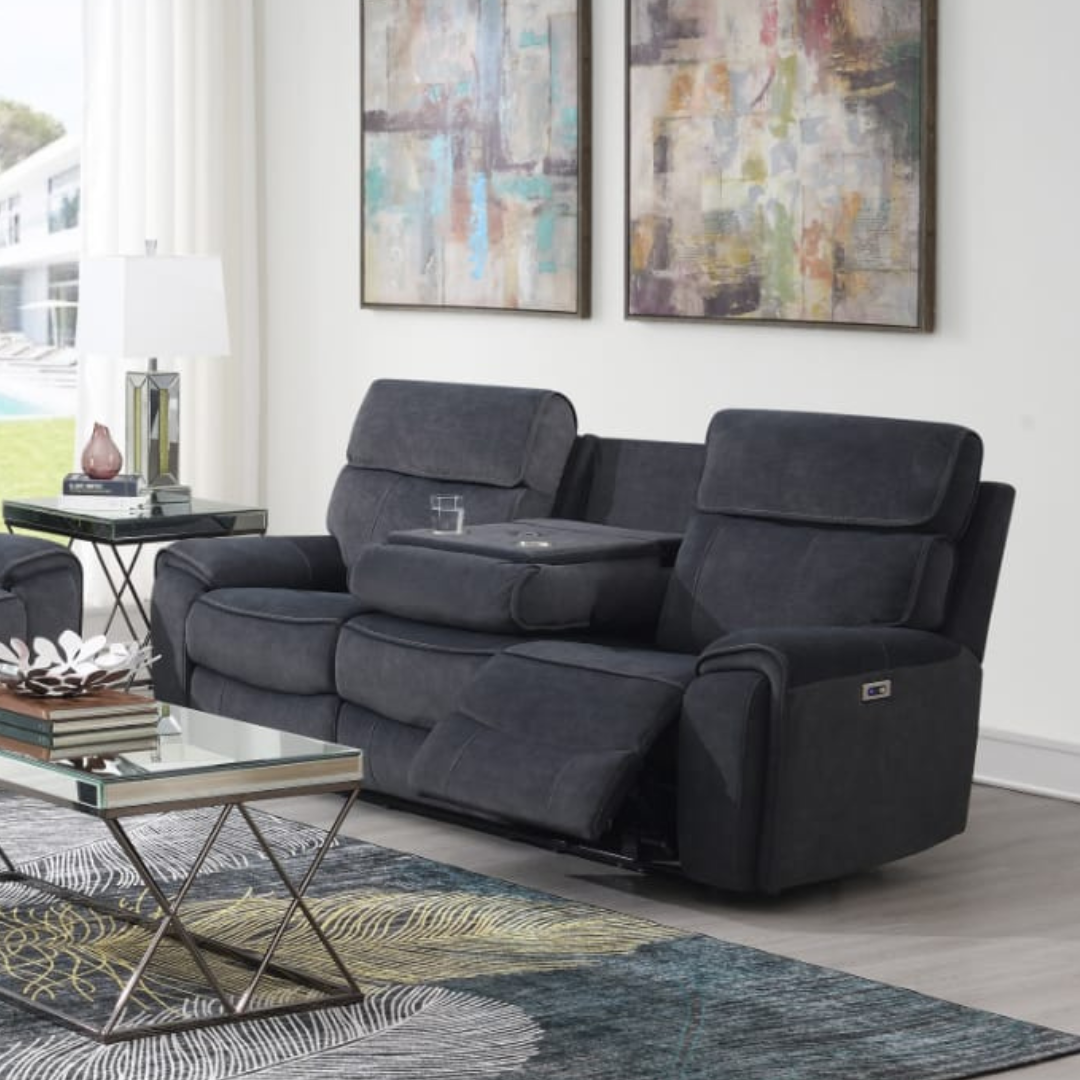 The Sheldon Electric Recliner Sofa in Grey has electric reclining, drop-down console with storage and built-in wireless charging.