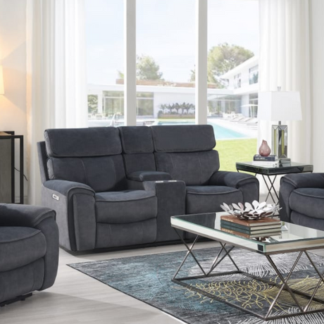 The Sheldon Electric Recliner Sofa in Grey has electric reclining, drop-down console with storage and built-in wireless charging.