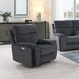 The Sheldon Electric Recliner Sofa in Grey has electric reclining, drop-down console with storage and built-in wireless charging.