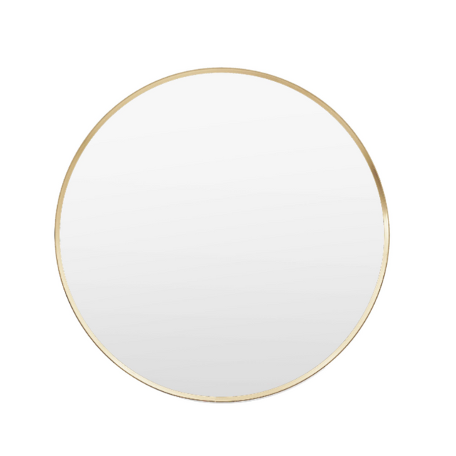 The Gallery Holworth Round Mirror in Gold features an 80cm diameter, elegant gold frame and versatile design
