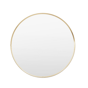 The Gallery Holworth Round Mirror in Gold features an 80cm diameter, elegant gold frame and versatile design