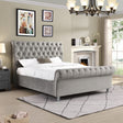 The Kilkenny Bed, upholstered in soft velvet with metallic-coated feet, is available in Silver, Grey, and Mink