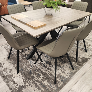 The Malin Grey Dining Set includes the Malin Fixed Dining Table and 6 Tan Miro Dining Chairs