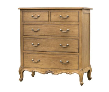 Discover the Chic Chest of Drawers - Weathered, heavily influenced by traditional French designs with 5 spacious drawers.