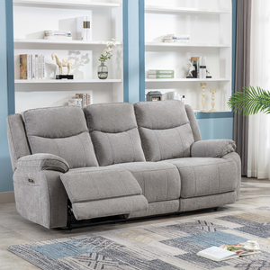 The Hayden Recliner Sofa Set in Light Grey is upholstered in light grey and premium materials, plush cushions and spacious seating