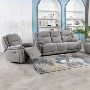 The Hayden Recliner Sofa Set in Light Grey features manual reclining, plush comfort, and durable upholstery