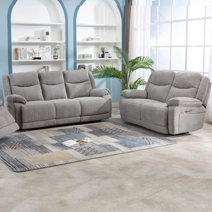 The Hayden Recliner Sofa Set in Light Grey features manual reclining, plush comfort, and durable upholstery