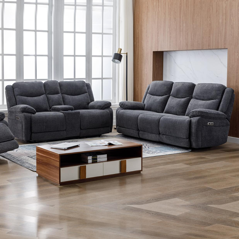 The Hayden Sofa Set 3+2 in Dark Grey is upholstered in dark grey and premium materials with plush cushions and spacious seating.