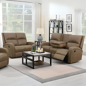 The Rowen Manual Recliner Sofa is upholstered in soft tan and easy-clean fabric, plush cushions and spacious seating