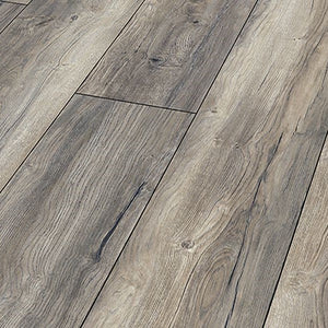 Barn Oak Laminate 8mm: Rustic wide plank, AC4 rated for durability, 5G click system for easy installation, 25-year residential warranty, and underfloor heating compatible