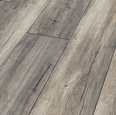 Barn Oak Laminate 8mm: Rustic wide plank, AC4 rated for durability, 5G click system for easy installation, 25-year residential warranty, and underfloor heating compatible