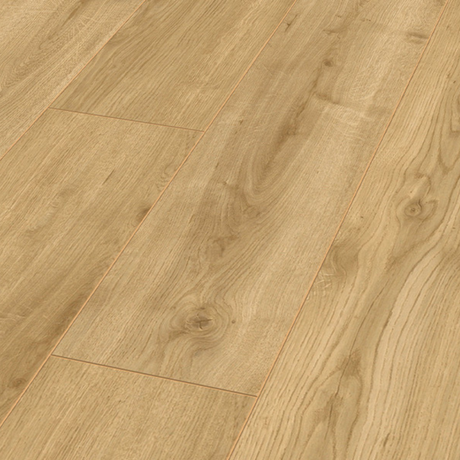 The Adaja Oak Laminate Flooring - 12mm, AC5 durable, light oak finish, easy 5G Click installation, underfloor heating compatible.
