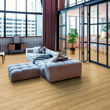 The Adaja Oak Laminate Flooring - 12mm, AC5 durable, light oak finish, easy 5G Click installation, underfloor heating compatible.