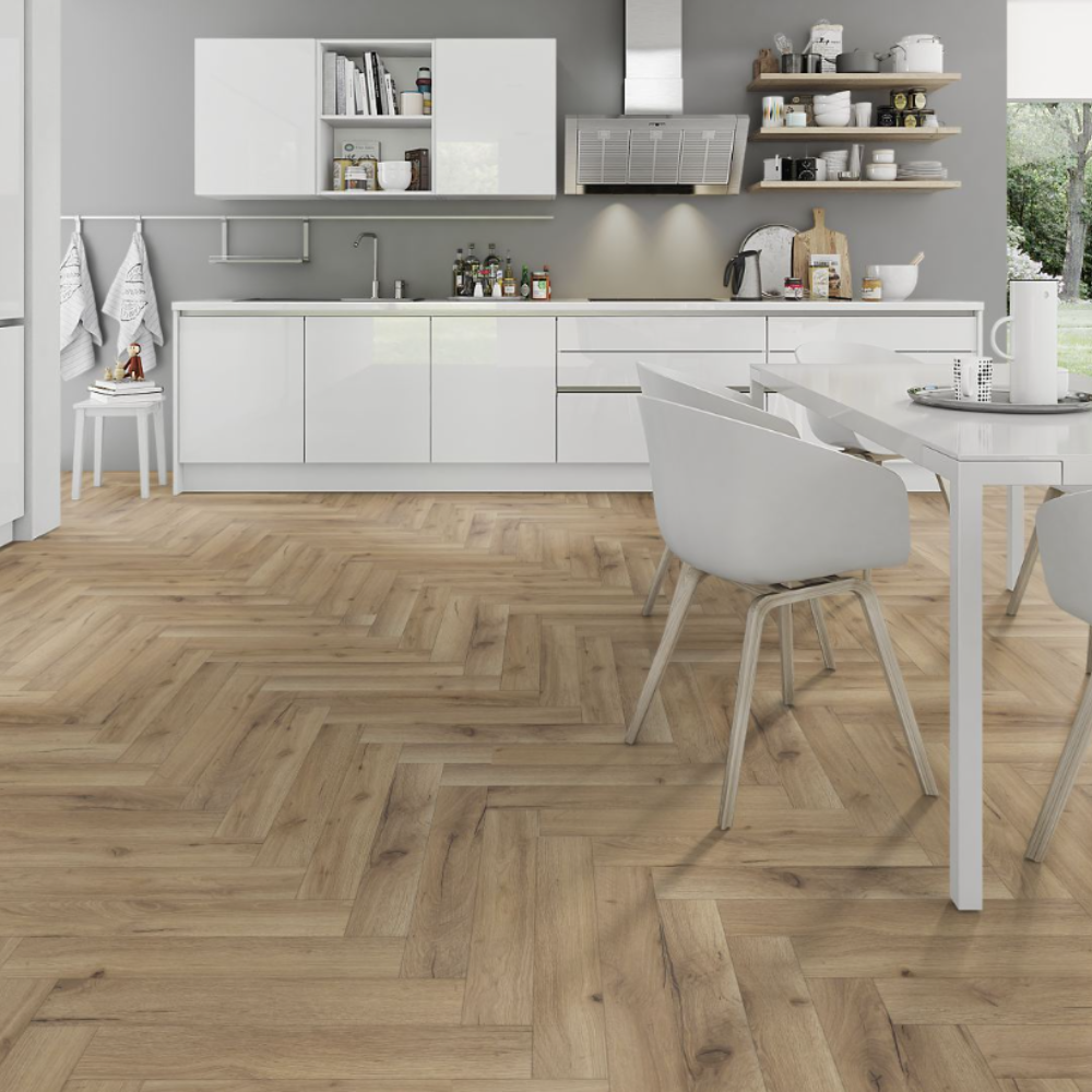 Enhance your space with Albany Oak Herringbone Laminate Flooring featuring an AC4 rating, underfloor heating compatible and easy-to-install choice.