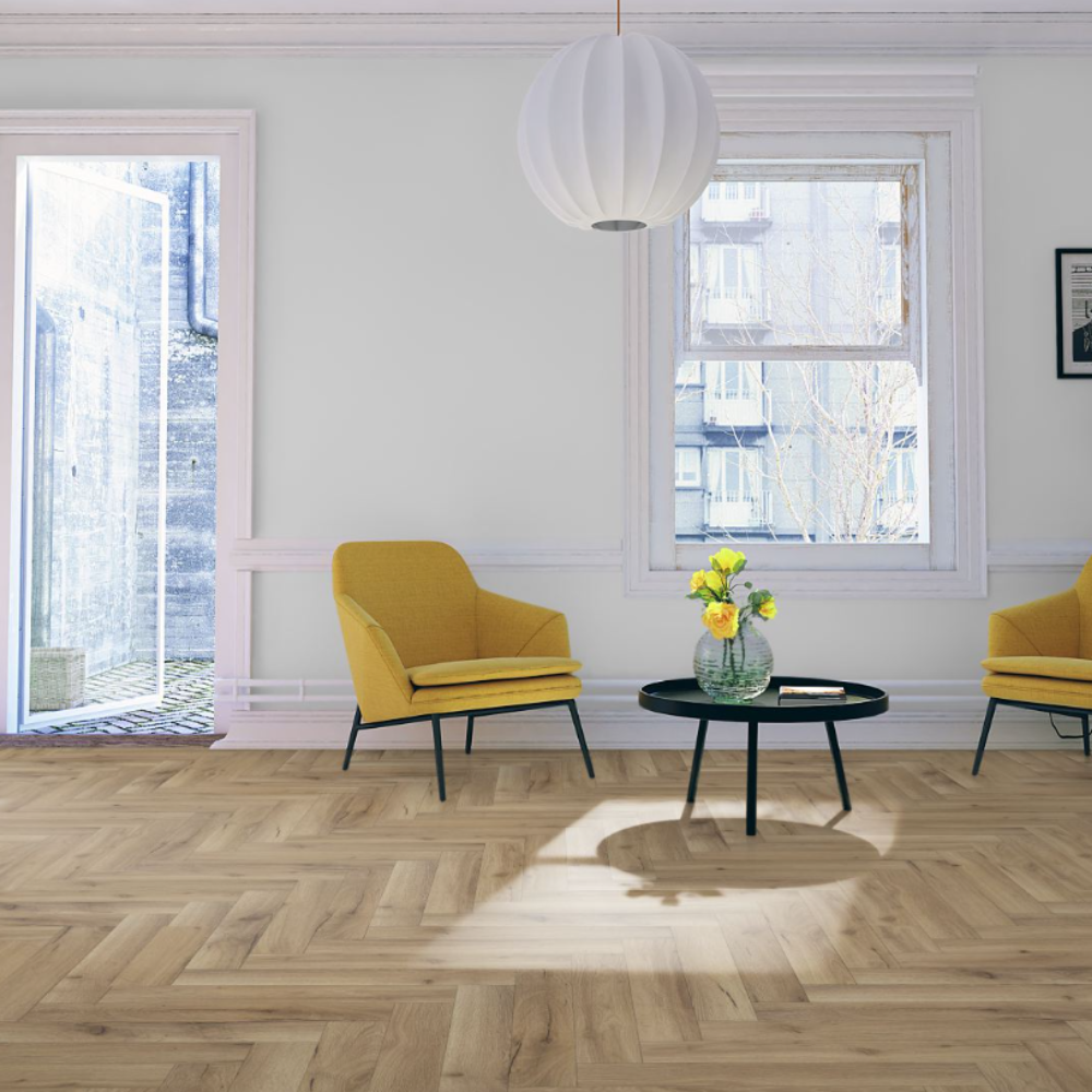Enhance your space with Albany Oak Herringbone Laminate Flooring featuring an AC4 rating, underfloor heating compatible and easy-to-install choice.