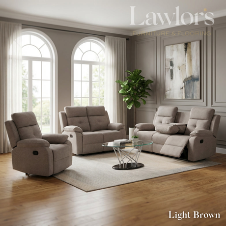 Light recliner brown sofa set in a living room