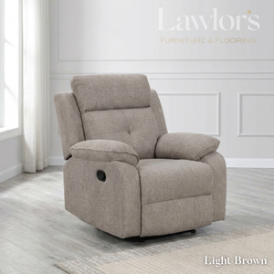 Light brown recliner chair in a room with white walls and a window.