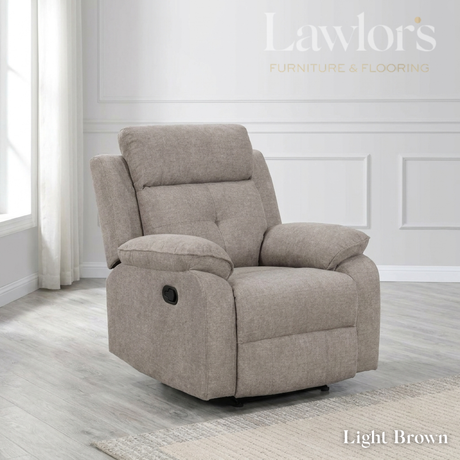Light brown recliner chair in a room with white walls and a window.