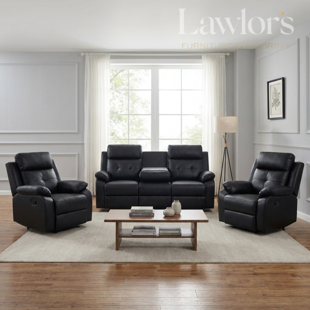 Black 3+1+1 recliner sofa set in living room setting