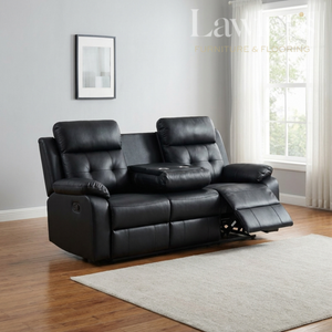 Black 3 seater recliner sofa in a living room setting