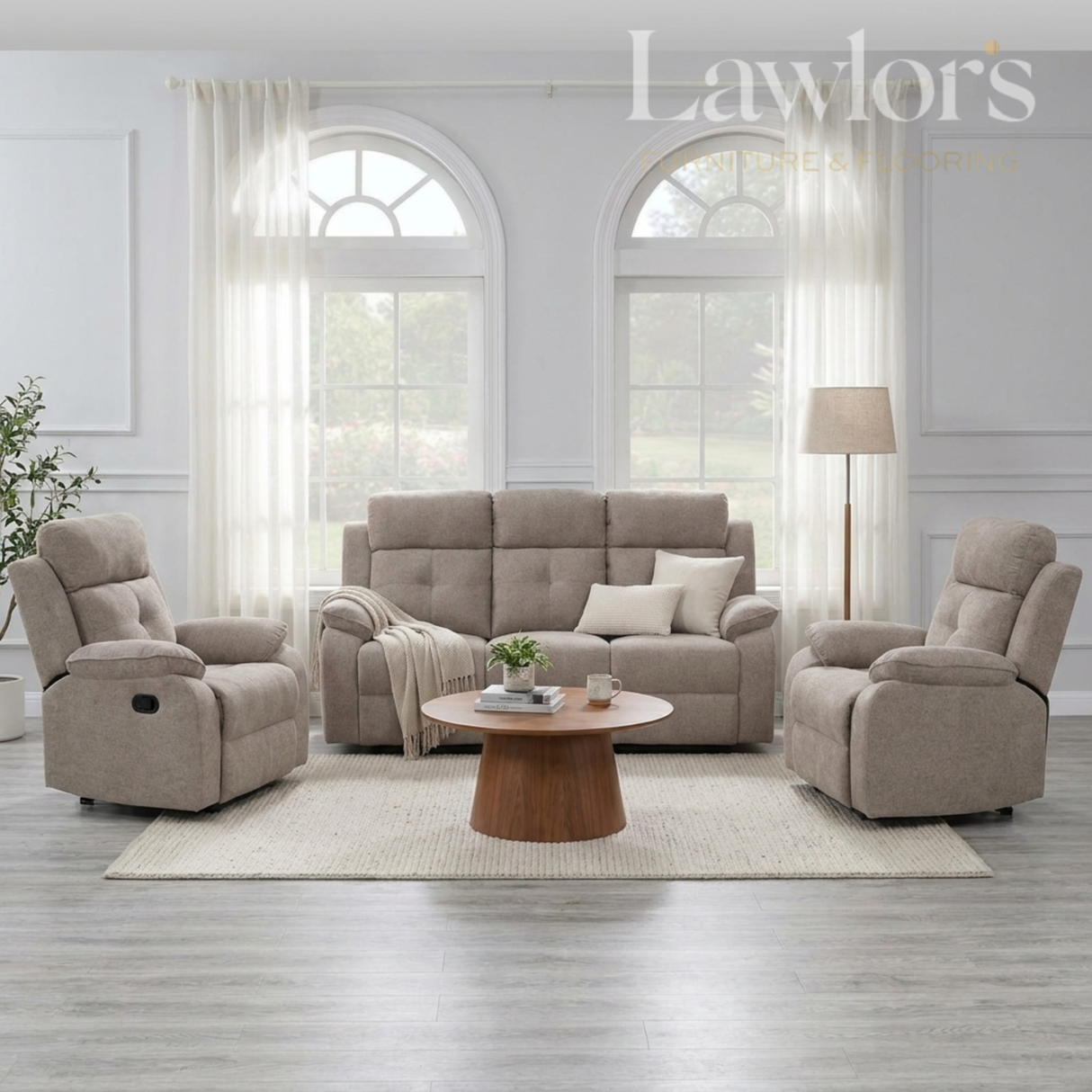 Light Brown 3+1+1 recliner sofa set in a living room