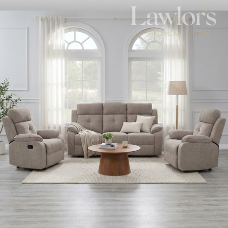 Light Brown 3+1+1 recliner sofa set in a living room