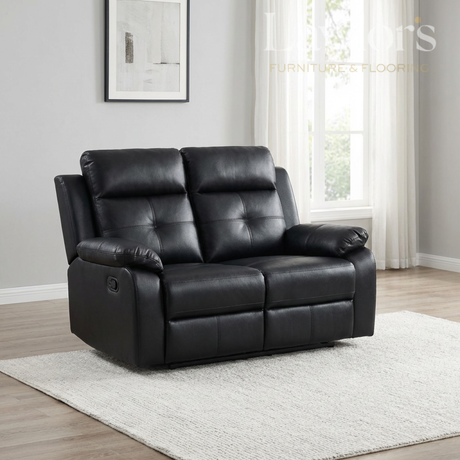 Black 2 seater recliner sofa in a living room setting