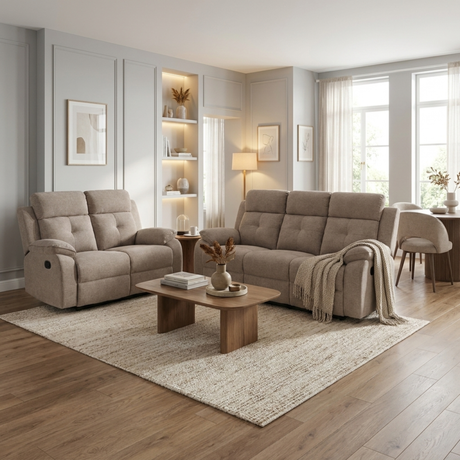 Light Brown 3+2 sofa set in a modern living room with wooden coffee table and decorative items.