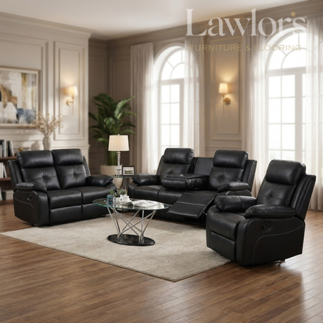 Black 3+2+1 recliner sofa set in a living room