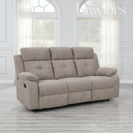 Light brown 3 seater recliner sofa in a room with large windows and white walls.